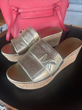 Michael Kors Gold Metallic MK Logo Cork Wedge Slides